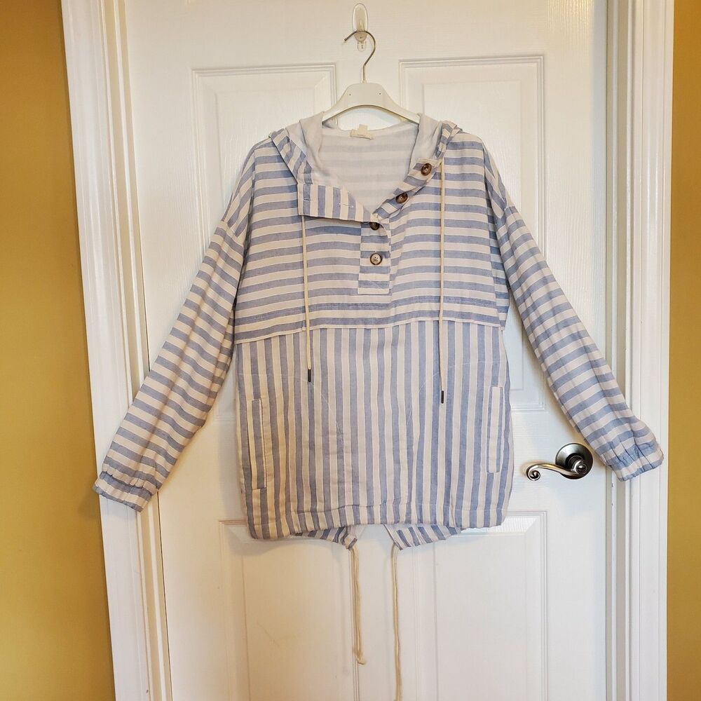 Coastal Grandma Nautical Blue White Striped Beach Hoodie Pullover Women's M